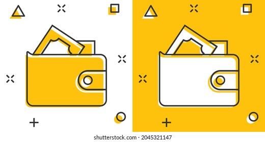 Wallet icon in comic style. Purse cartoon vector illustration on white isolated background. Finance bag splash effect business concept.
