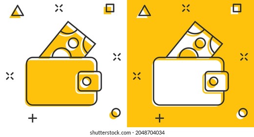Wallet icon in comic style. Purse vector cartoon illustration on white isolated background. Finance bag splash effect business concept.