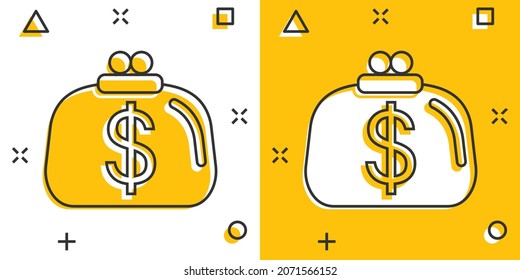 Wallet icon in comic style. Purse cartoon vector illustration on white isolated background. Finance bag splash effect business concept.