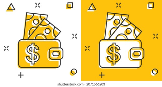 Wallet icon in comic style. Purse vector cartoon illustration on white isolated background. Finance bag splash effect business concept.