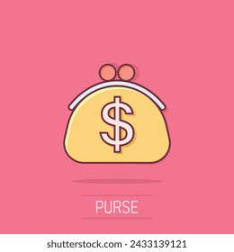 Wallet icon in comic style. Purse cartoon vector illustration on isolated background. Finance bag splash effect business concept.