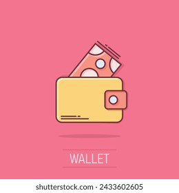 Wallet icon in comic style. Purse vector cartoon illustration on isolated background. Finance bag splash effect business concept.