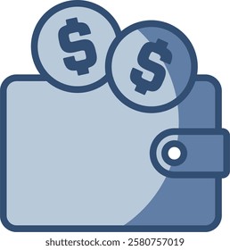 wallet icon with dollar coins, transparent background. replaceable blue color design