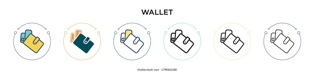 Icono de cartera relleno, línea delgada, contorno y estilo de trazo. Ilustración vectorial de dos diseños de vectores de monedero en color y negro se puede utilizar para móviles, ui, web