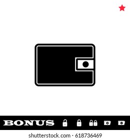 Wallet icon flat. Black pictogram on white background. Vector illustration symbol and bonus button open and closed lock, folder, star