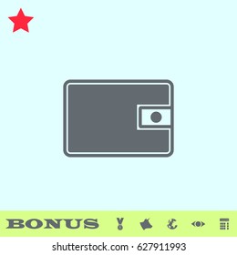 Wallet icon flat. Grey pictogram on blue background. Vector illustration symbol and bonus buttons medal, cow, earth, eye, calculator