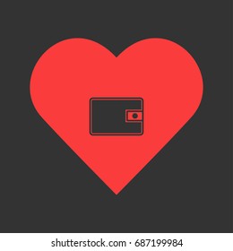 Wallet icon flat. Simple pictogram on heart background. Vector illustration symbol