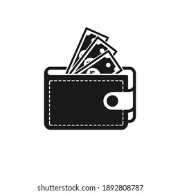 icono de cartera en estilo plano. billetera con billetes en dólares aislados en fondo blanco. Ilustración del vector 