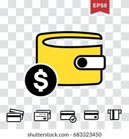 Wallet Icon in Flat Style. Pocketbook with Credit Card and Money Symbols for Web, Logo, App, UI. Simple Vector Illustration Isolated