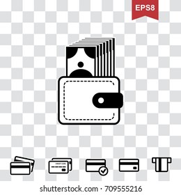 Wallet Icon in Flat Style. Pocketbook with Credit Card and Money Symbols for Web, Logo, App, UI. Simple Vector Illustration Isolated