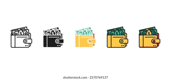 Wallet icon in flat style showcasing a leather wallet with cash. Ideal for finance, banking, savings, shopping, spending, budgeting, investment, money management, and business-related concepts.