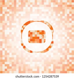wallet icon inside abstract emblem, orange mosaic background