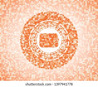 wallet icon inside abstract emblem, orange mosaic background