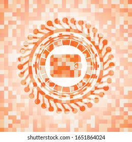 wallet icon inside abstract emblem, orange mosaic background
