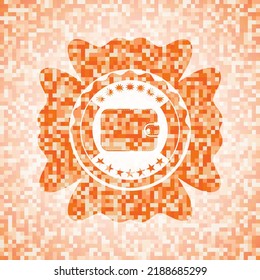 icono de cartera dentro del emblema abstracto, fondo de mosaico naranja. 