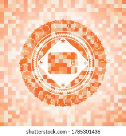 icono de la cartera dentro del emblema abstracto de mosaico naranja. 