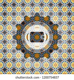 wallet icon inside arabic badge. Arabesque decoration.
