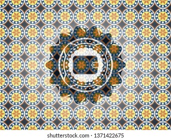 wallet icon inside arabic badge. Arabesque decoration.