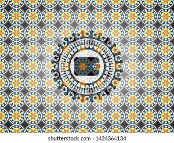 wallet icon inside arabic badge. Arabesque decoration.