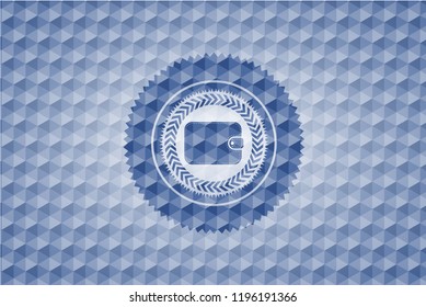 wallet icon inside blue emblem or badge with geometric pattern background.