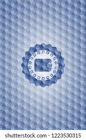 wallet icon inside blue emblem or badge with abstract geometric polygonal pattern background.