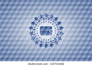 wallet icon inside blue emblem with geometric background.