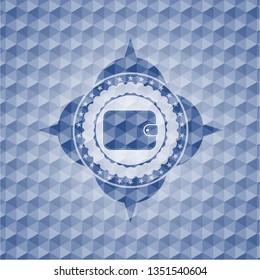 wallet icon inside blue emblem or badge with geometric pattern background.