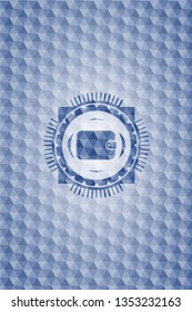 wallet icon inside blue emblem with geometric pattern.