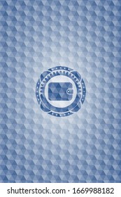 wallet icon inside blue emblem with geometric pattern background.