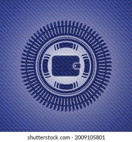 icono de cartera dentro del emblema con textura de denim. 