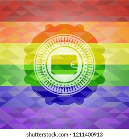 wallet icon inside emblem on mosaic background with the colors of the LGBT flag