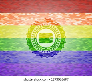 wallet icon inside emblem on mosaic background with the colors of the LGBT flag