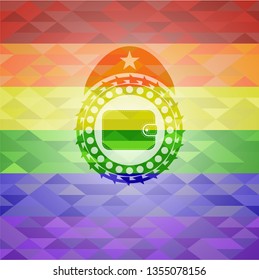 wallet icon inside emblem on mosaic background with the colors of the LGBT flag