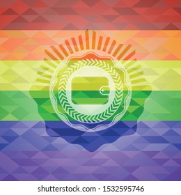 wallet icon inside emblem on mosaic background with the colors of the LGBT flag