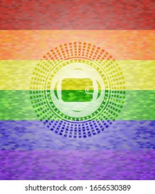 wallet icon inside emblem on mosaic background with the colors of the LGBT flag