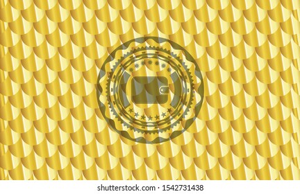 wallet icon inside gold badge. Scales pattern. Vector Illustration. Detailed.
