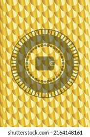 wallet icon inside gold badge or emblem. Scales pattern. Vector Illustration. Detailed. 