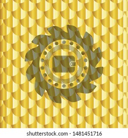 wallet icon inside gold emblem or badge. Scales pattern. Vector Illustration. Detailed.