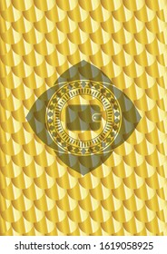 wallet icon inside gold emblem. Scales pattern. Vector Illustration. Detailed.