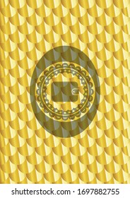 icono de billetera dentro del emblema dorado brillante. Patrón de escalas. Ilustración vectorial. Detallado.