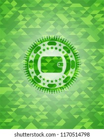 wallet icon inside green emblem. Mosaic background