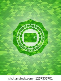 wallet icon inside green emblem. Mosaic background