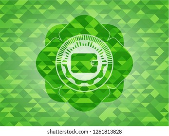 wallet icon inside green emblem with triangle mosaic background