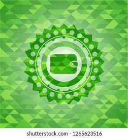 wallet icon inside green emblem with triangle mosaic background