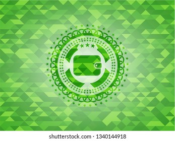 wallet icon inside green emblem with triangle mosaic background