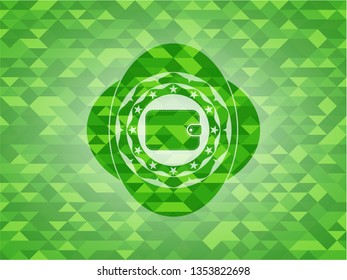 wallet icon inside green emblem with triangle mosaic background
