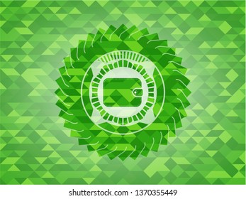 wallet icon inside green emblem. Mosaic background