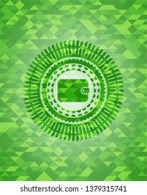 wallet icon inside green emblem with mosaic ecological style background