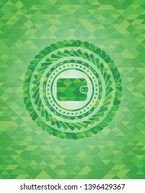 wallet icon inside green emblem. Mosaic background