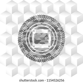 wallet icon inside grey emblem with geometric cube white background